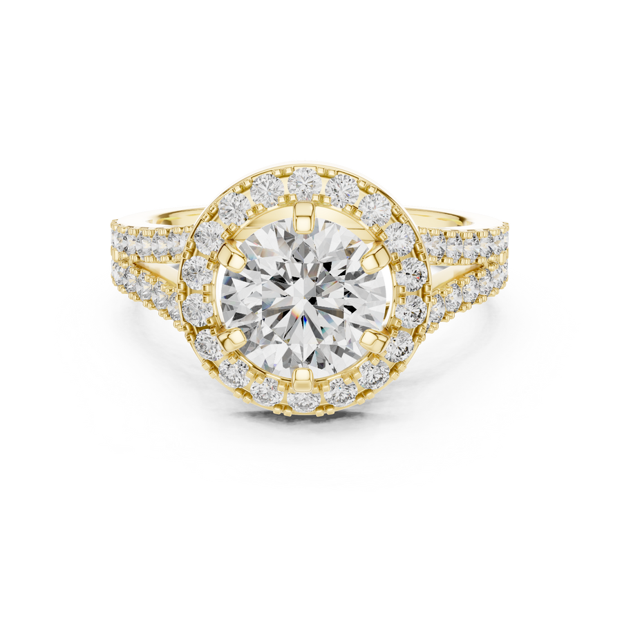 IGI Certified Round Lab Grown Diamond Double Halo Engagement Ring, Yellow Gold