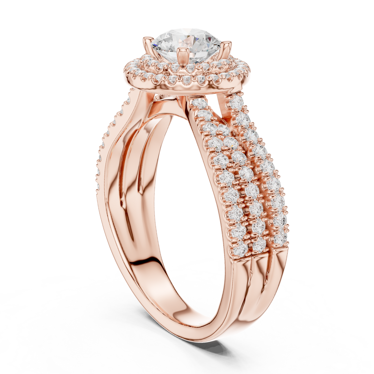 Round Double Halo Split Shank Lab Grown Diamond Anniversary Ring, Rose Gold