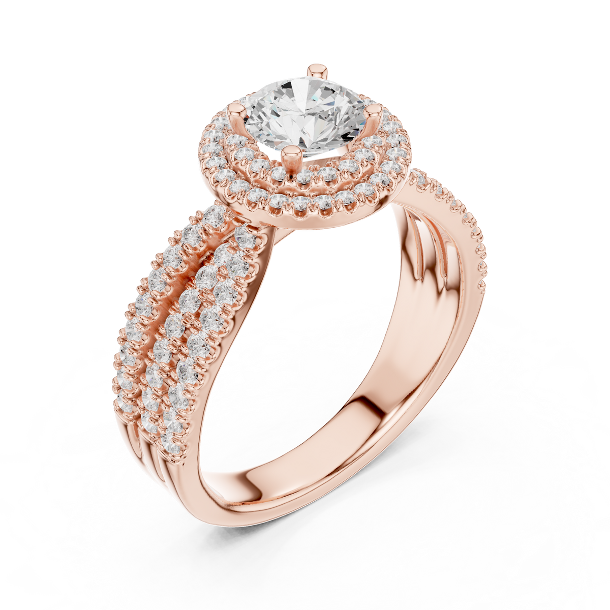 Round Double Halo Split Shank Lab Grown Diamond Anniversary Ring, Rose Gold