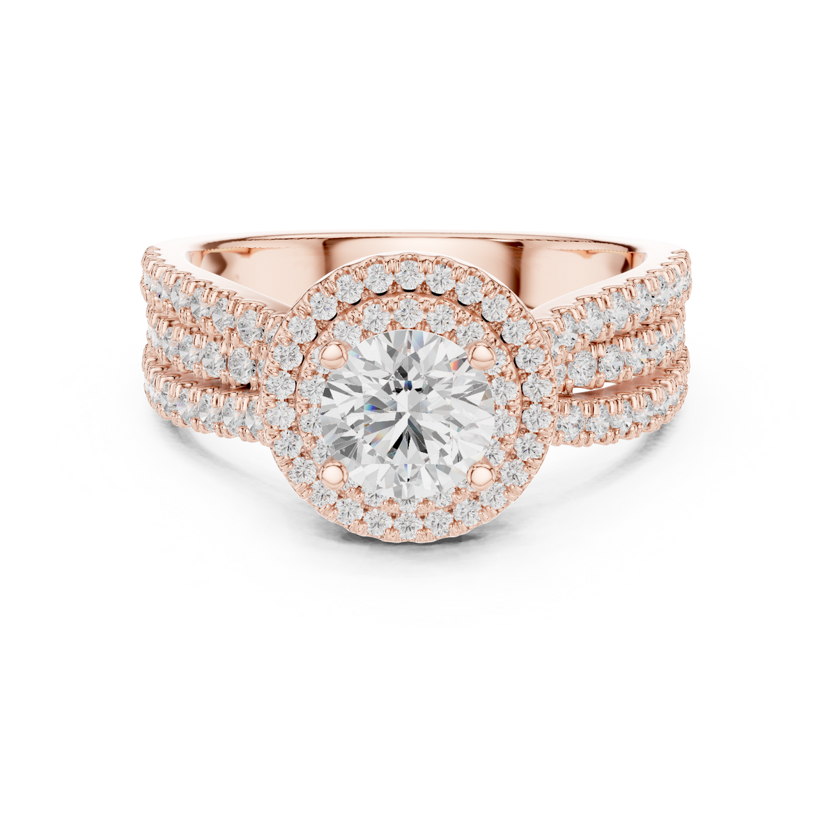 Round Double Halo Split Shank Lab Grown Diamond Anniversary Ring, Rose Gold