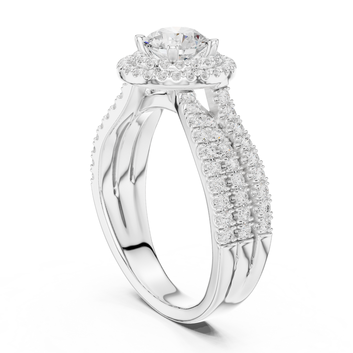 Round Double Halo Split Shank Lab Grown Diamond Anniversary Ring, White Gold