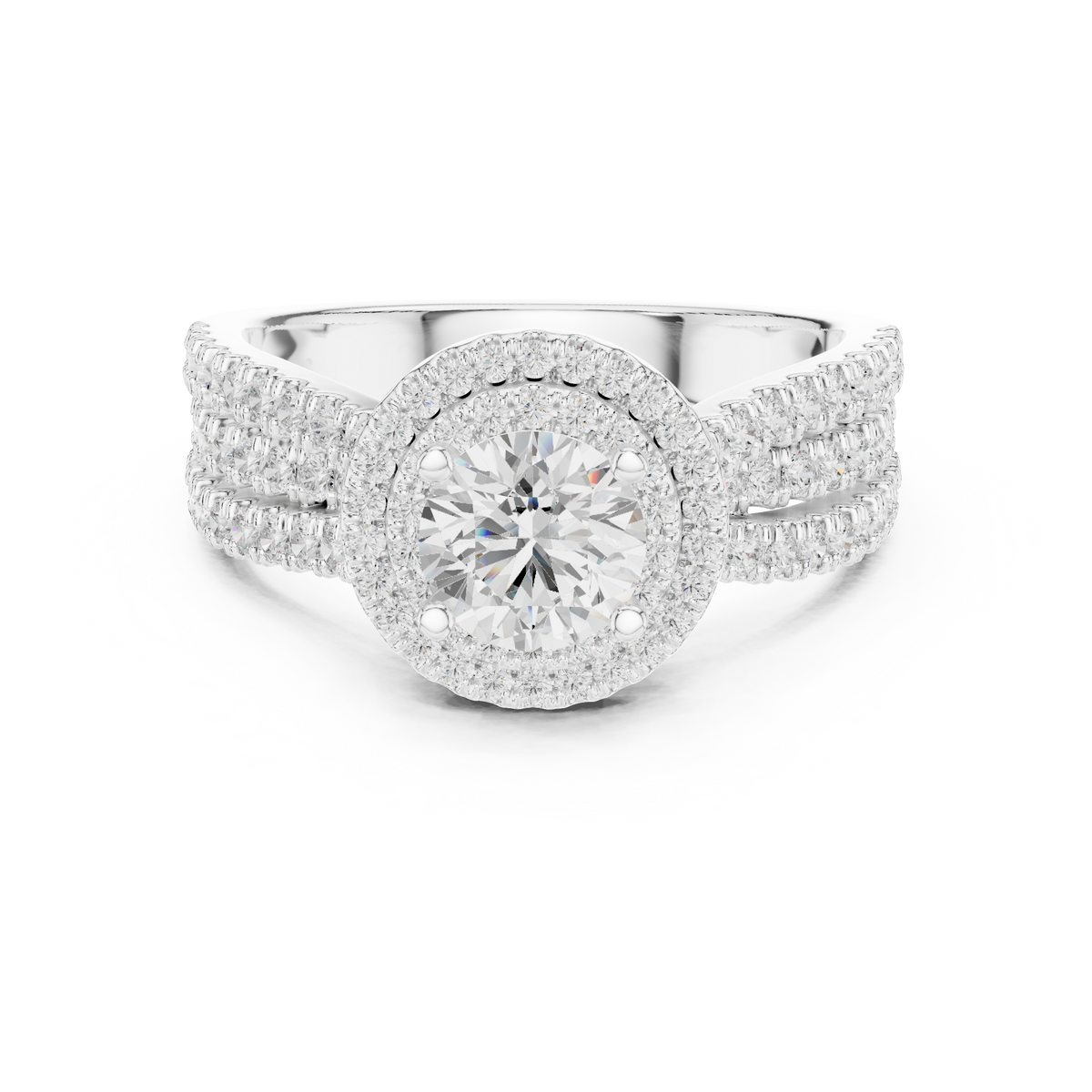 Round Double Halo Split Shank Lab Grown Diamond Anniversary Ring, White Gold