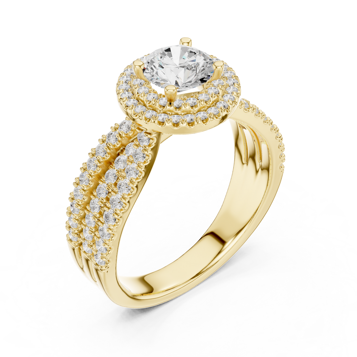 Round Double Halo Split Shank Lab Grown Diamond Anniversary Ring, Yellow Gold