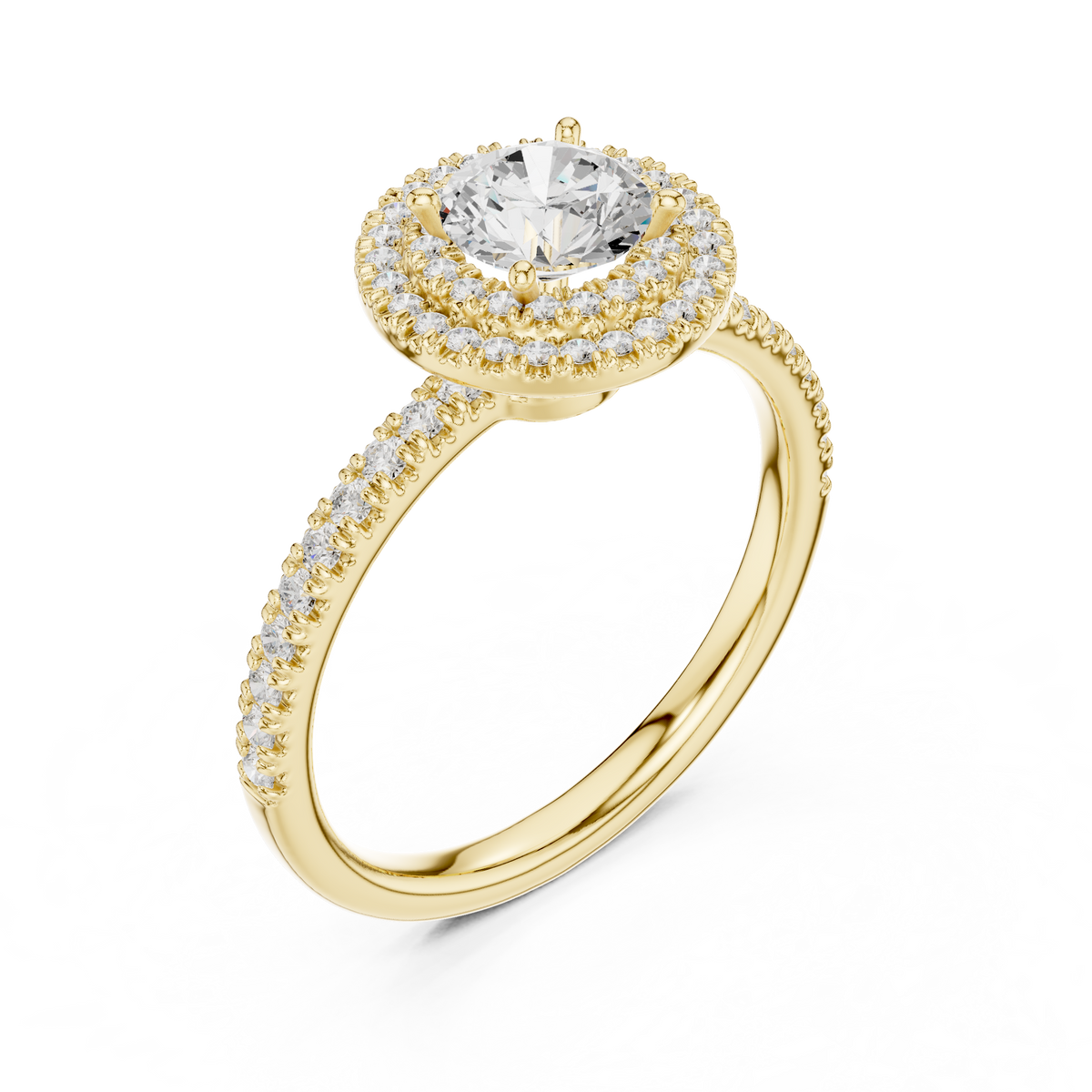 Round Double Halo Lab Grown Diamond Proposal Ring, Yellow Gold