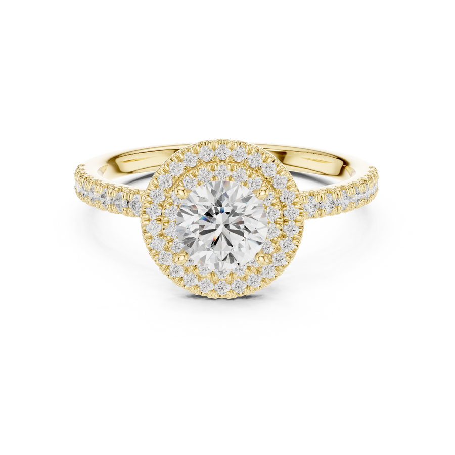 Round Double Halo Lab Grown Diamond Proposal Ring, Yellow Gold