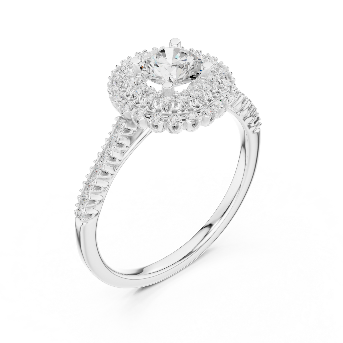Round Double Halo Lab-Grown Diamond Casual Ring, White Gold