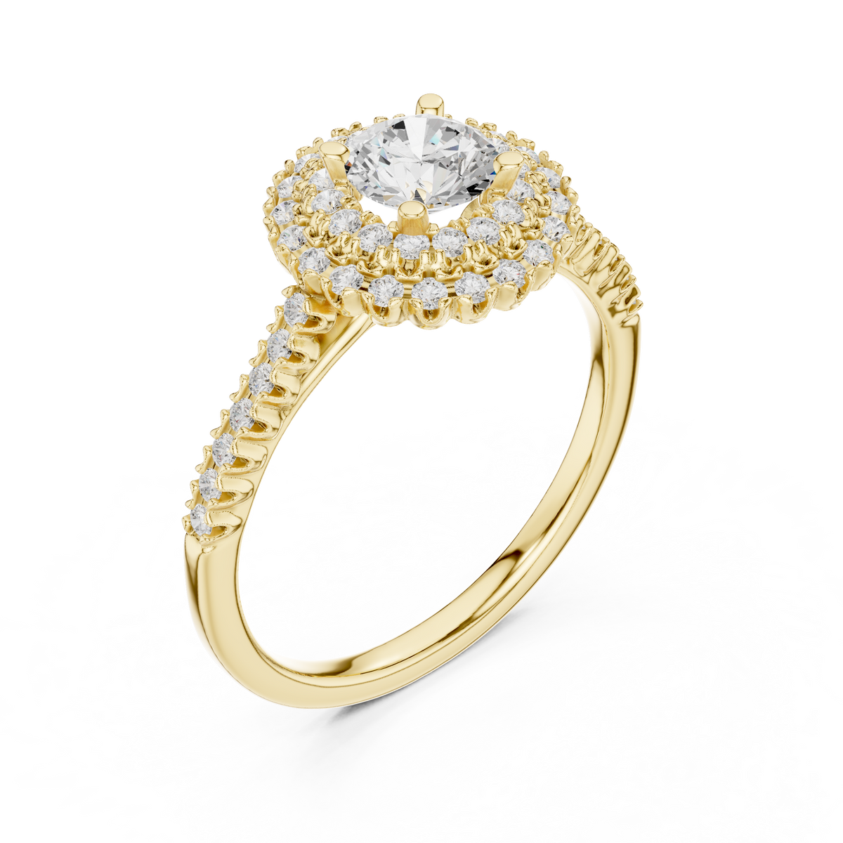 Round Double Halo Lab-Grown Diamond Casual Ring, Yellow Gold