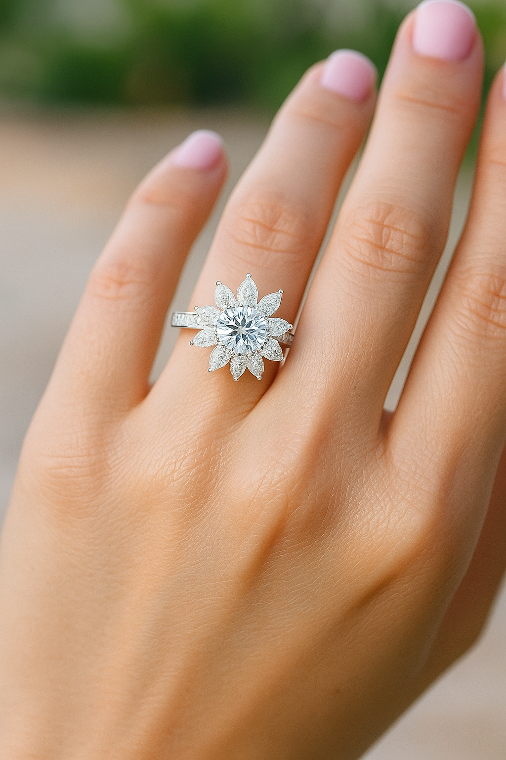 Lab Grown Diamond Engagement Cluster Ring on hand