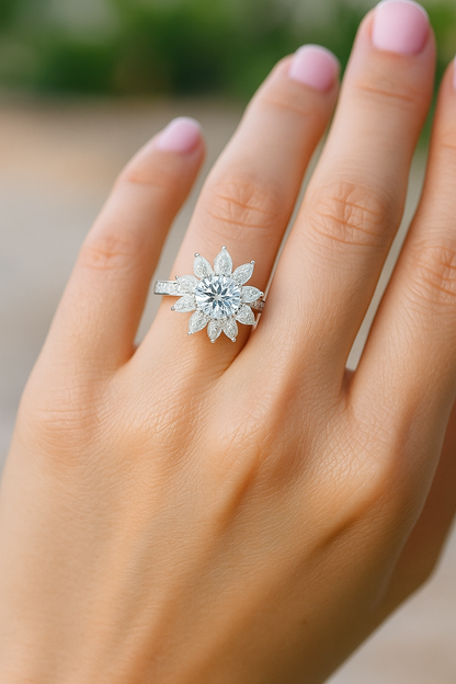 Lab Grown Diamond Engagement Cluster Ring on hand