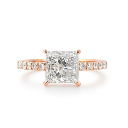 Rose gold ring with a Princess diamond and smaller diamonds on the band against a white background