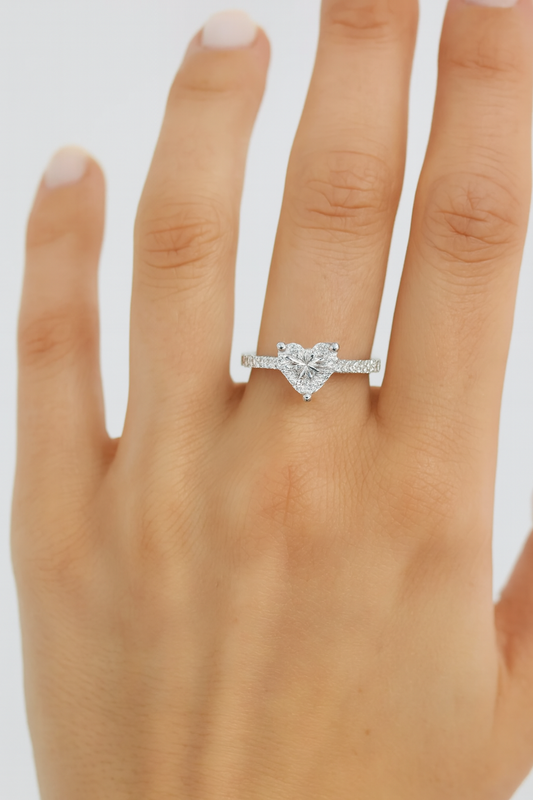 Lab Grown Heart Diamond Band Ring In 14k Gold in hand