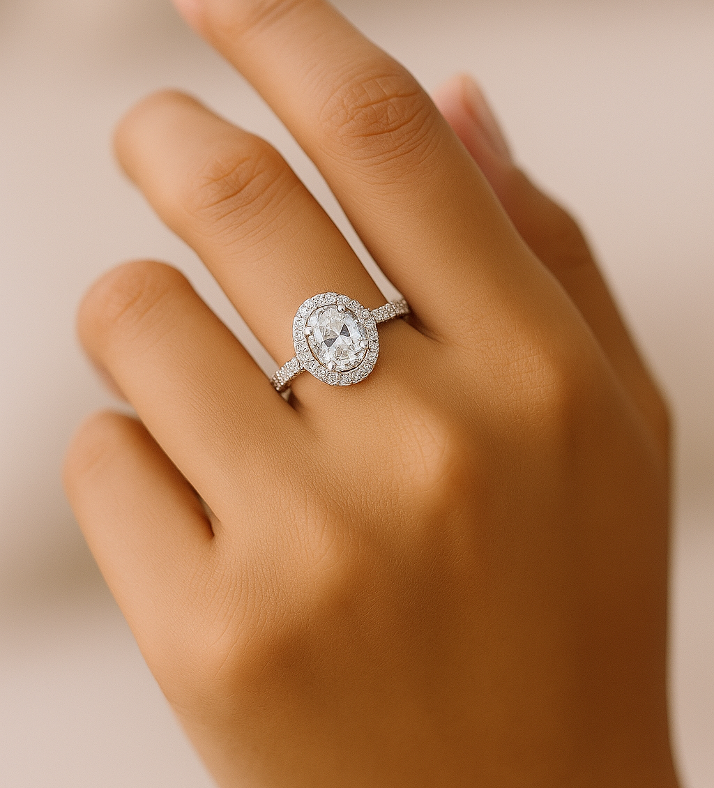 Lab Grown Oval Diamond Ring in finger