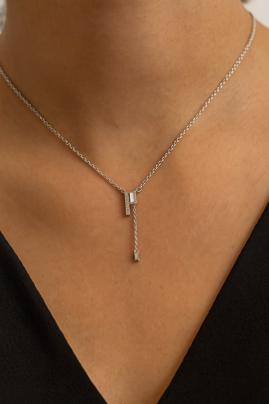 Modern Baguette Lab Grown Diamond Drop Pendant in neck