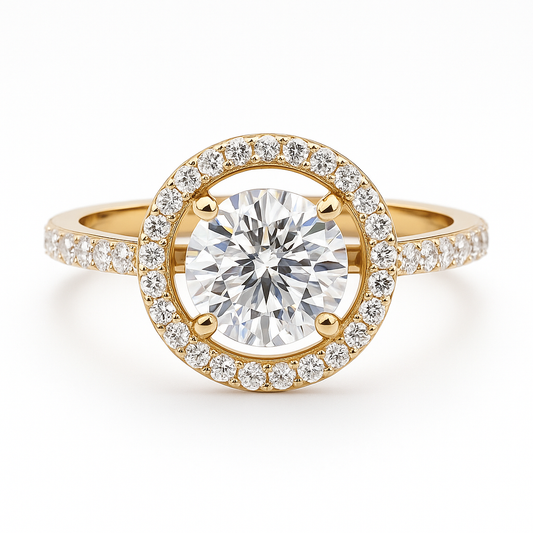 Gold ring with a large diamond and smaller diamonds around on a white background