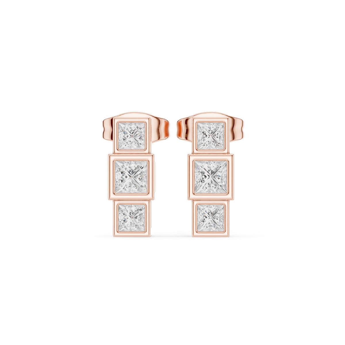 IGI Certified Princess Cut Diamond Three Stone Stud Earrings, Rose Gold