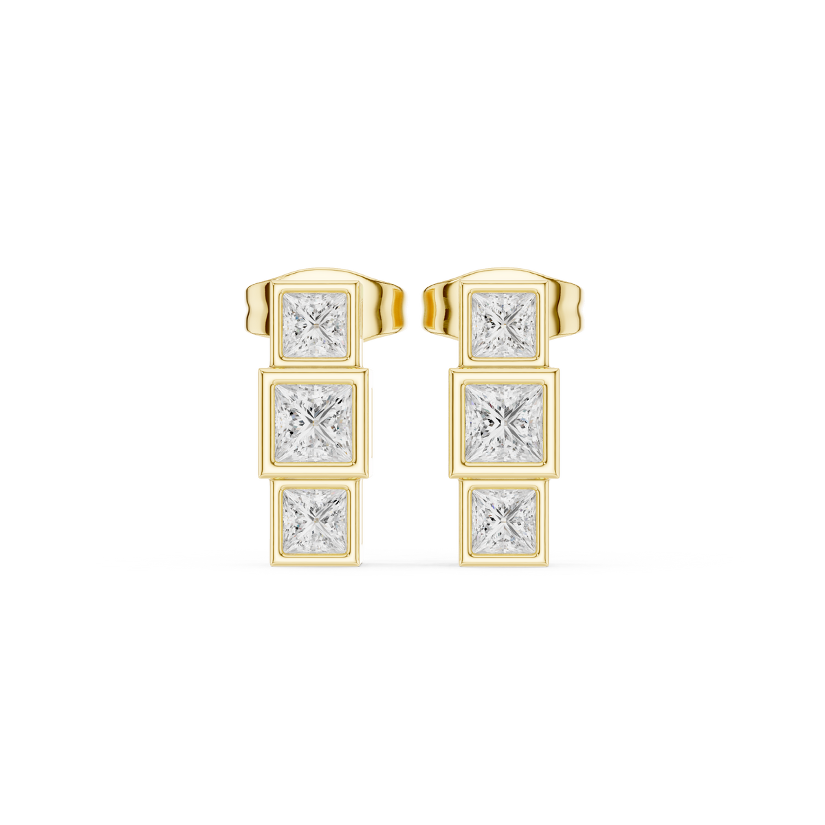 IGI Certified Princess Cut Diamond Three Stone Stud Earrings, Yellow Gold