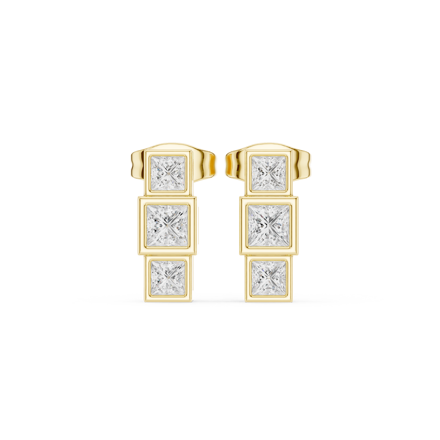 IGI Certified Princess Cut Diamond Three Stone Stud Earrings, Yellow Gold