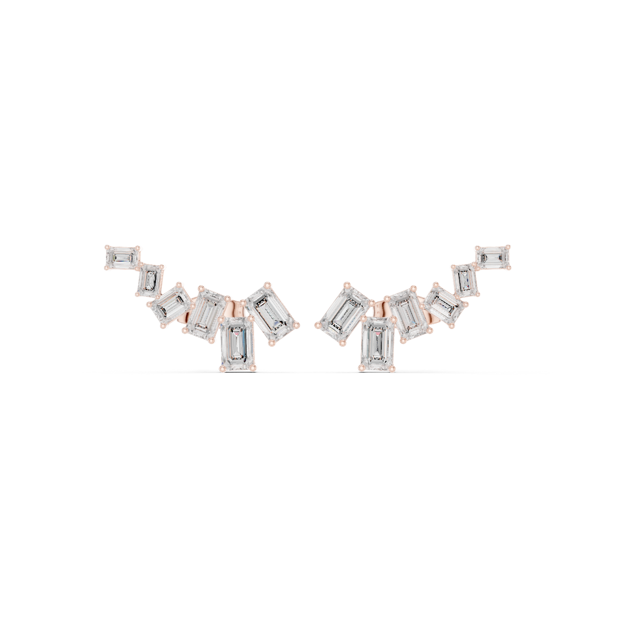 IGI Certified Emerald Cut Diamond Ear Climber Stud Earrings, Rose Gold