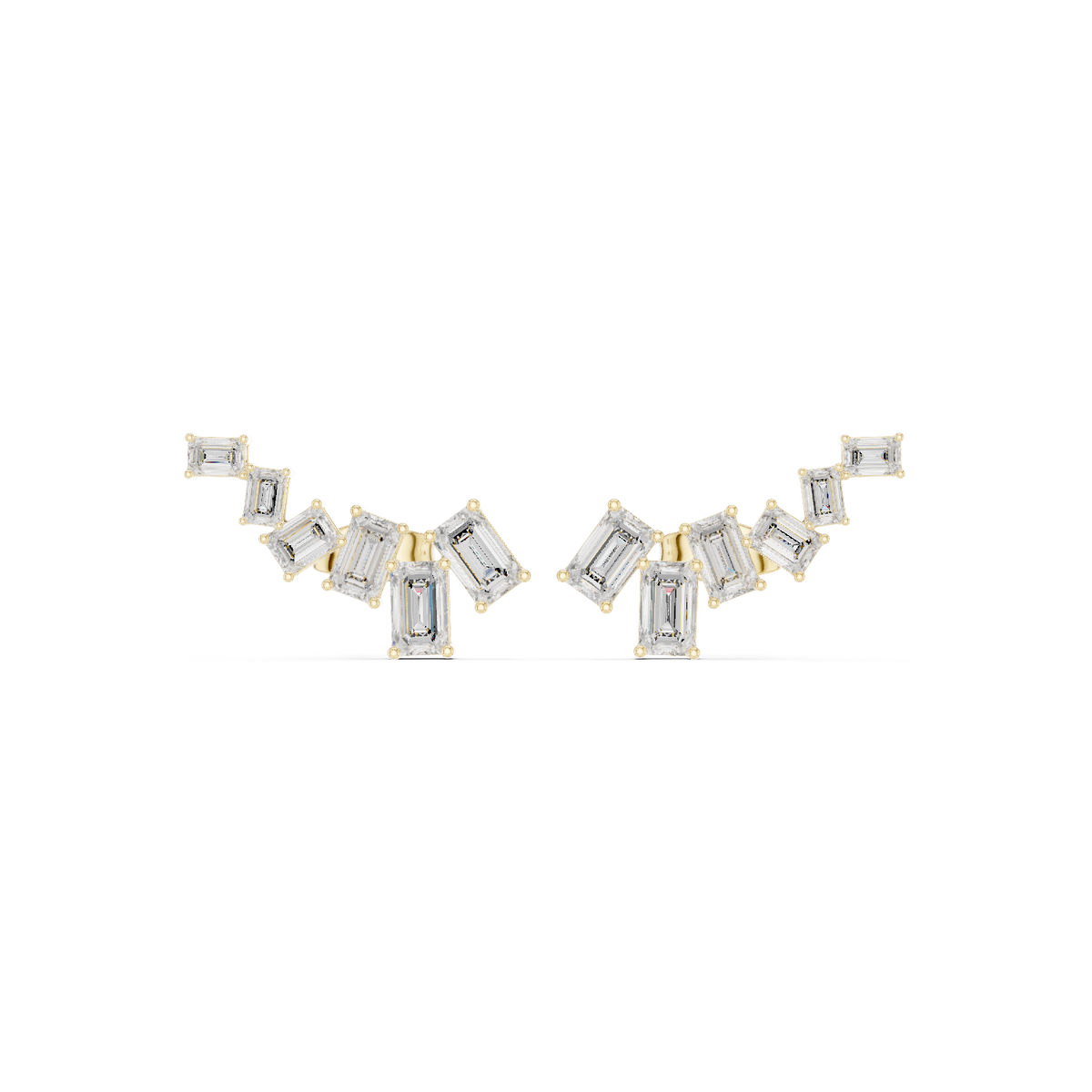 IGI Certified Emerald Cut Diamond Ear Climber Stud Earrings, Yellow Gold