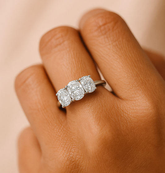 Solitaire 3 Stone Oval Lab Grown Diamond Ring in finger