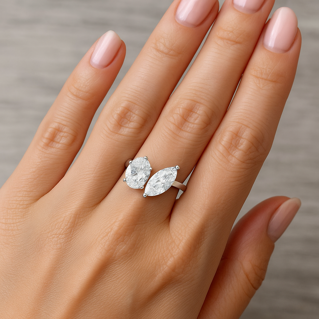 Twin Stone Design Lab Grown Diamond Ring in finger