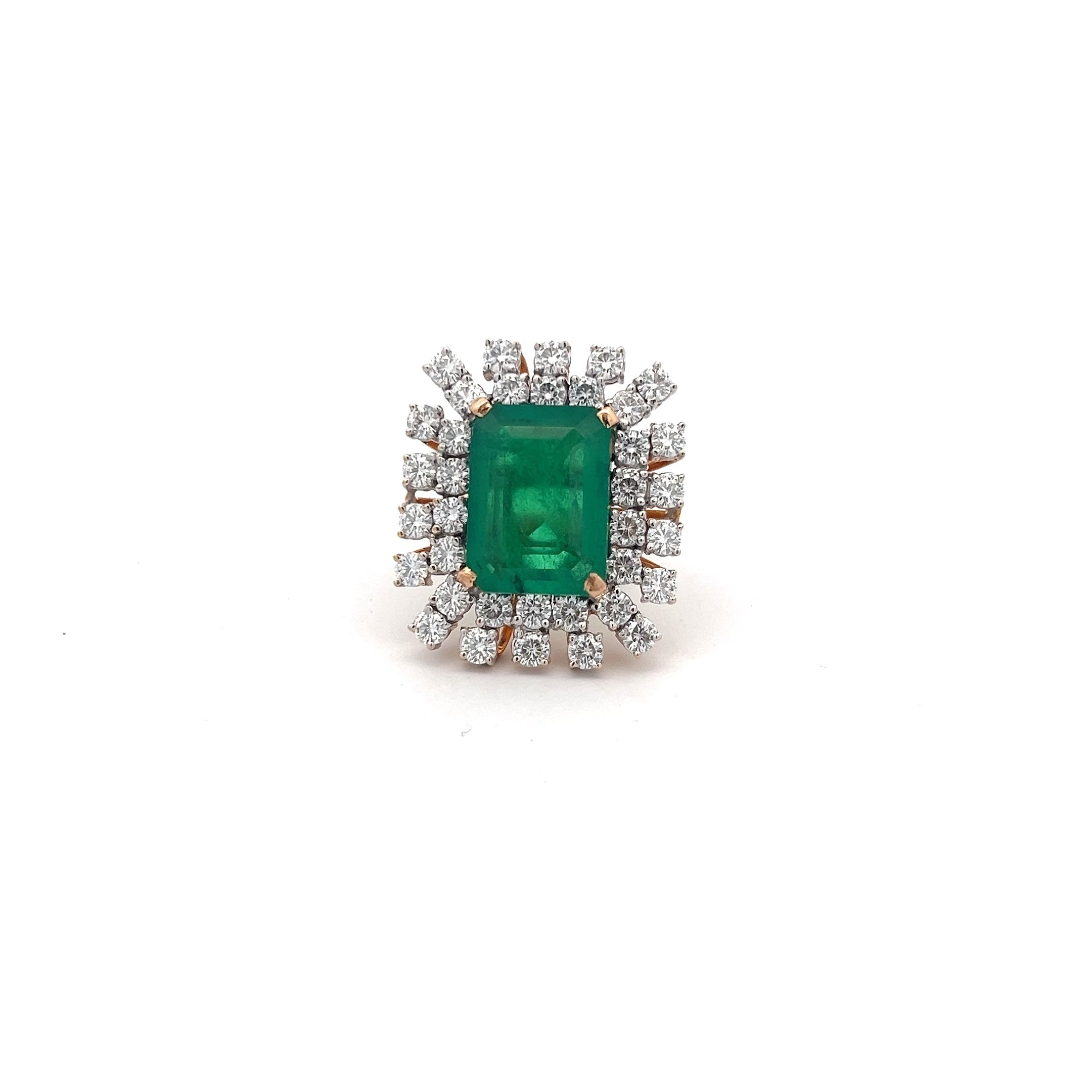 Stellar Bliss 17.46ct Colombian Emerald Ring In 14k Gold With Diamos Lab Grown Moissanite