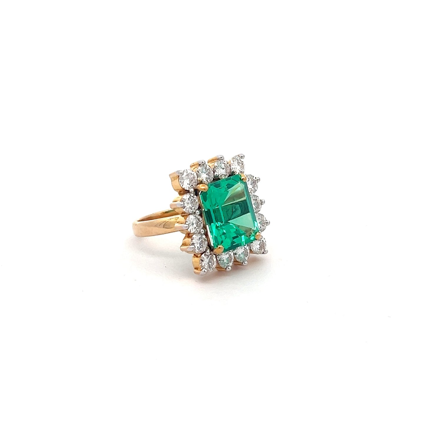 Radiant Reflection 7.62ct Colombian Emerald Ring In 14k Gold With Diamos Lab Grown Moissanite