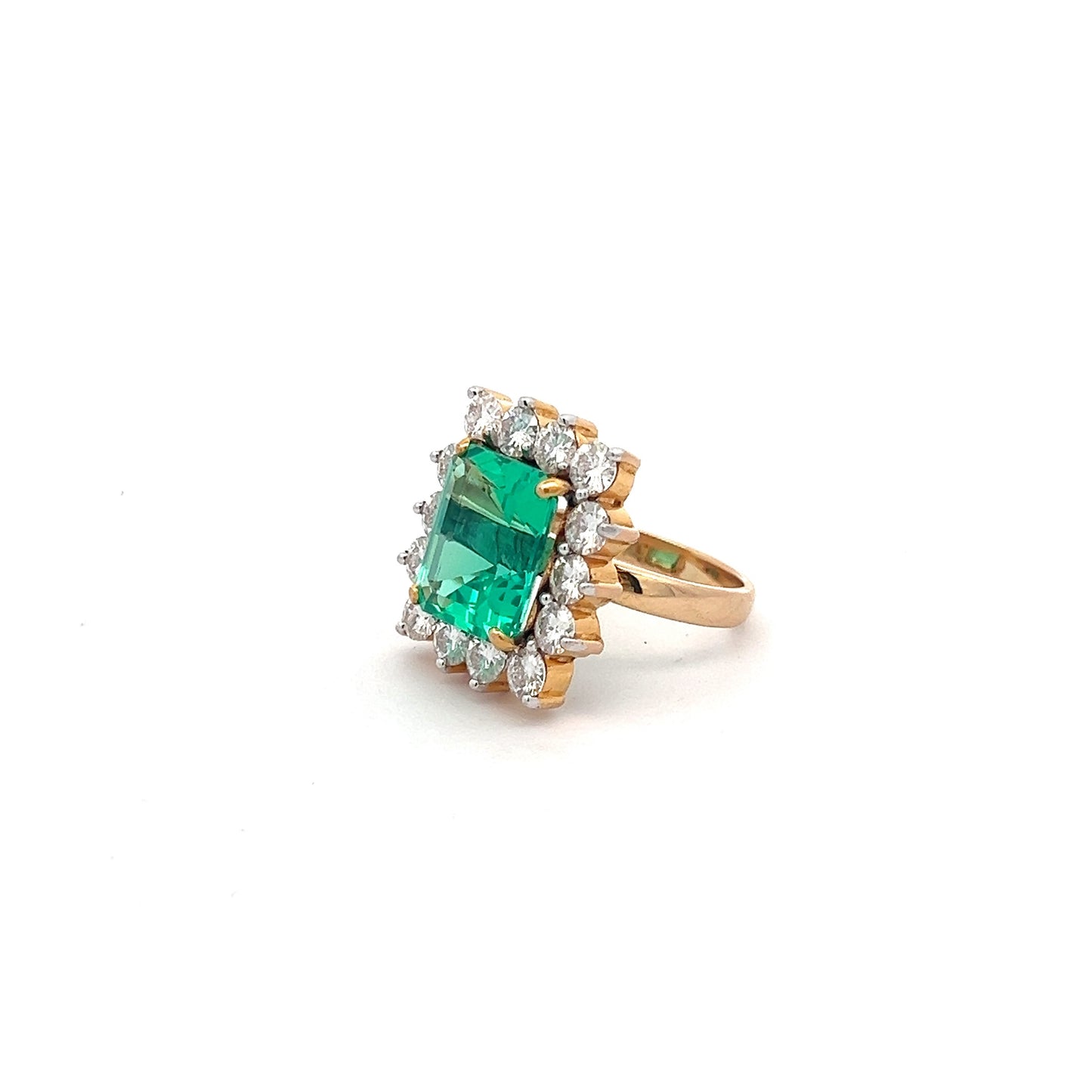 Radiant Reflection 7.62ct Colombian Emerald Ring In 14k Gold With Diamos Lab Grown Moissanite