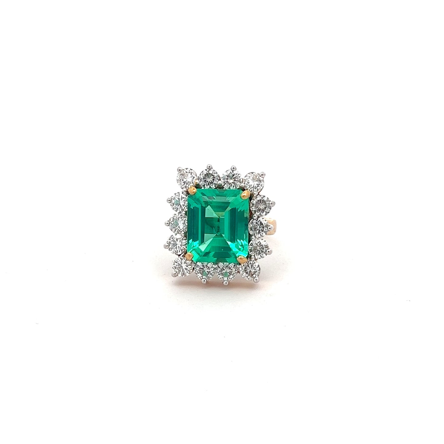 Radiant Reflection 7.62ct Colombian Emerald Ring In 14k Gold With Diamos Lab Grown Moissanite