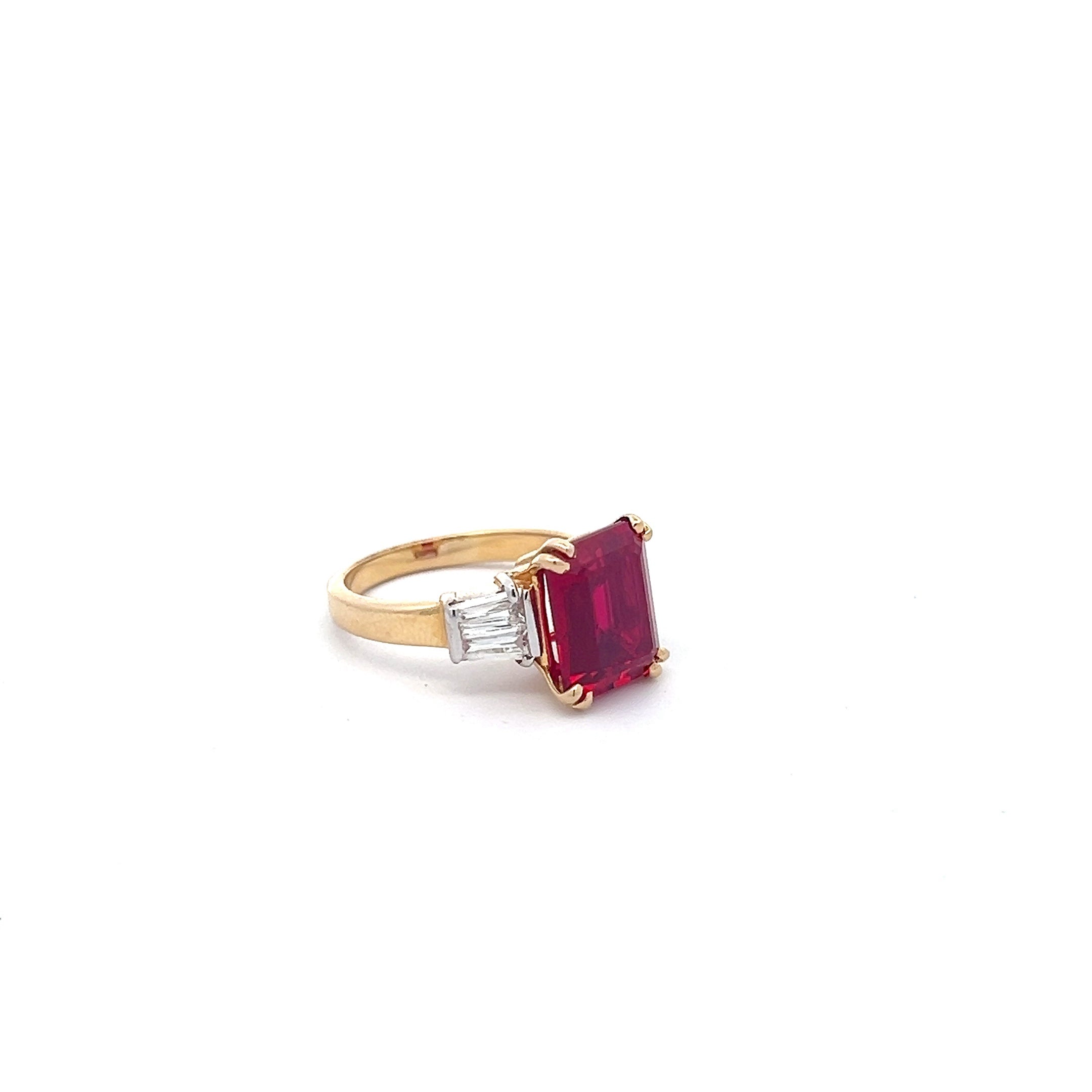 Radiant Rose 7.01ct Lab Grown Ruby Ring In 14k Gold With Diamos Lab Grown Moissanite