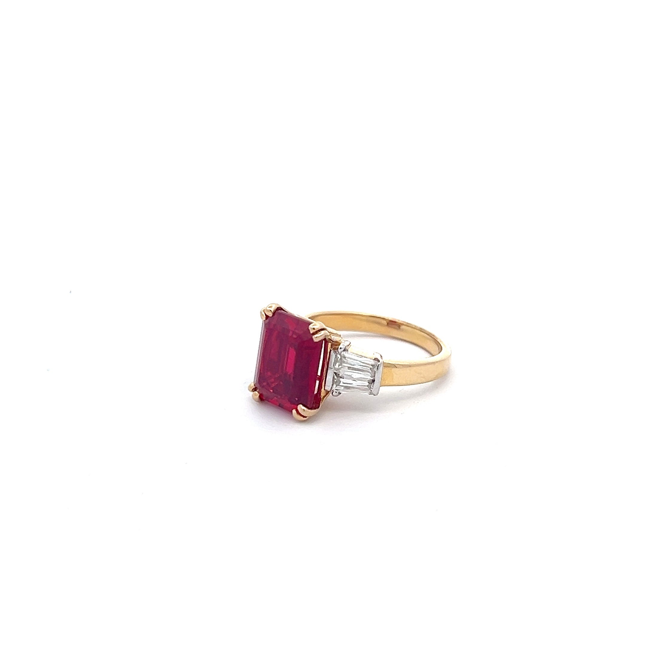 Radiant Rose 7.01ct Lab Grown Ruby Ring In 14k Gold With Diamos Lab Grown Moissanite