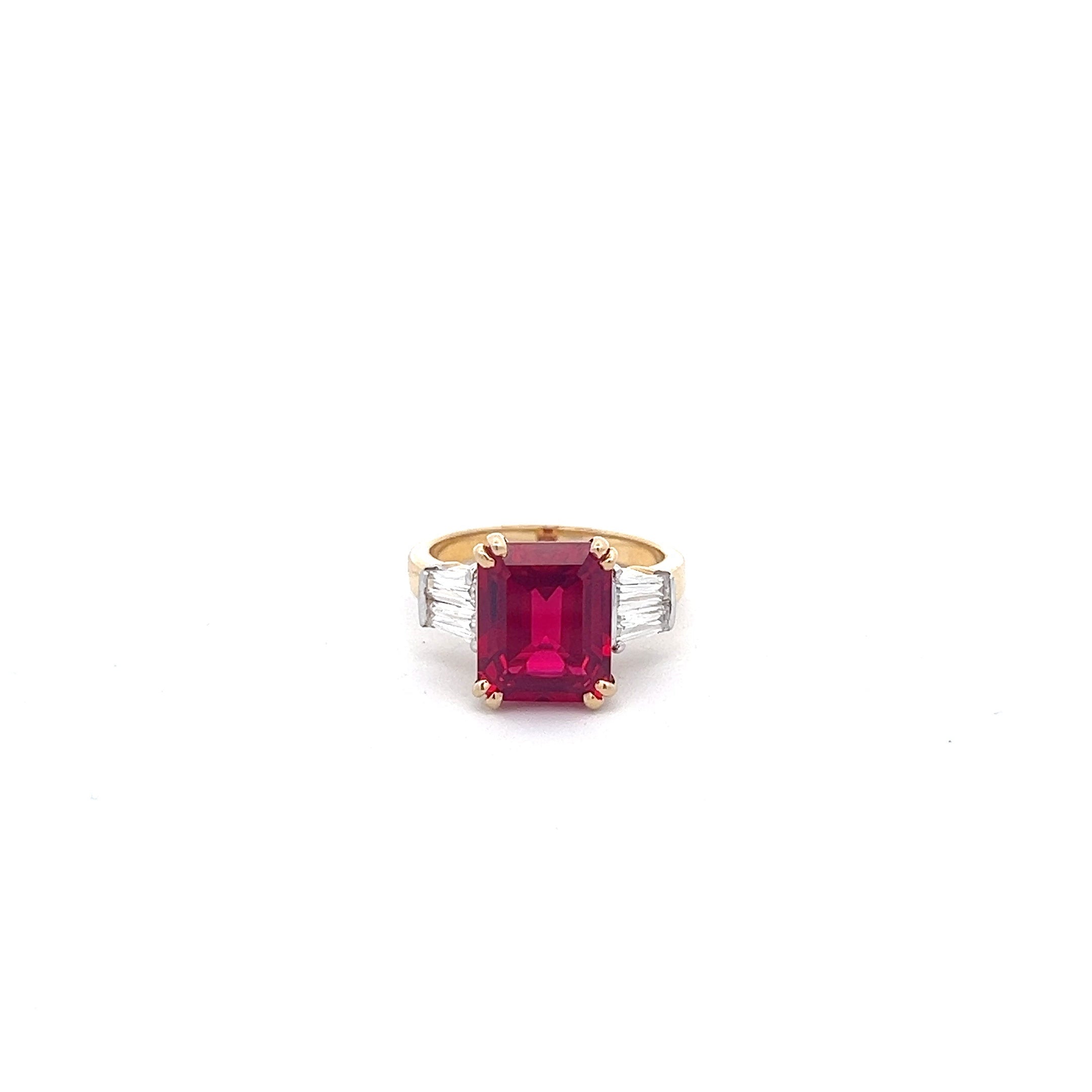 Radiant Rose 7.01ct Lab Grown Ruby Ring In 14k Gold With Diamos Lab Grown Moissanite