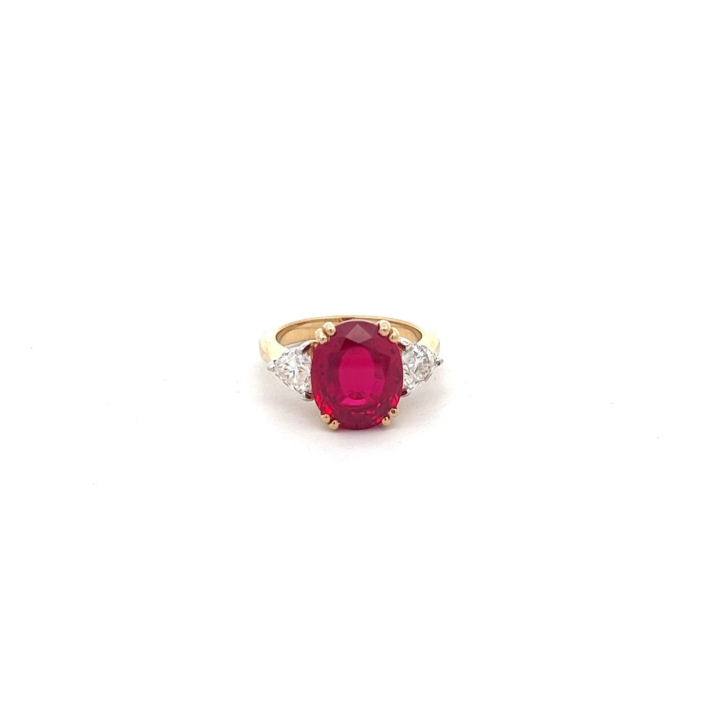 Crystal Whisper 8.4ct Lab Grown Ruby Ring in 14k Gold with Diamos Lab Grown Moissanite