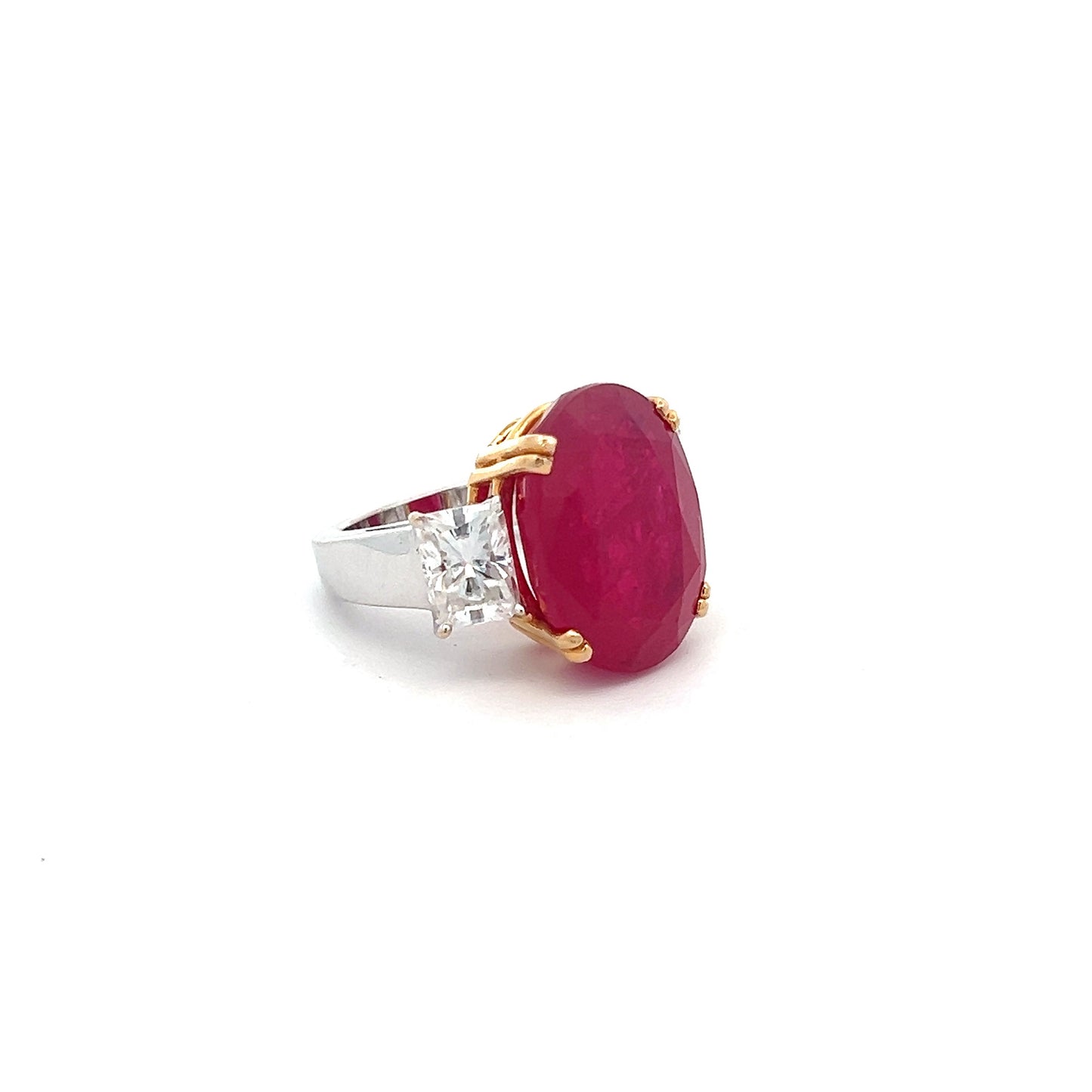 Lustrous Kiss 32.96ct Lab Grown Ruby Ring In 14k Gold With Diamos Lab Grown Moissanite