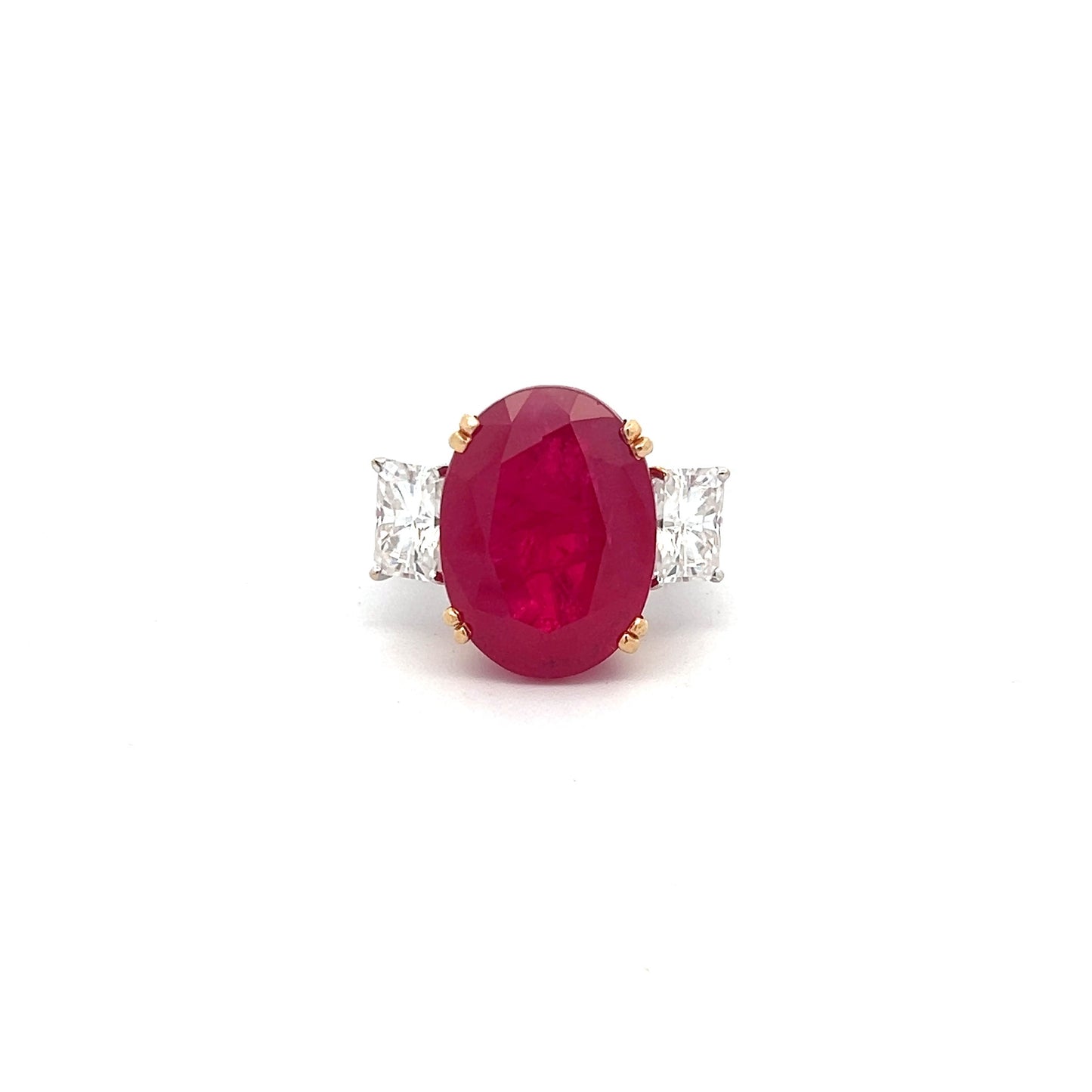 Lustrous Kiss 32.96ct Lab Grown Ruby Ring In 14k Gold With Diamos Lab Grown Moissanite