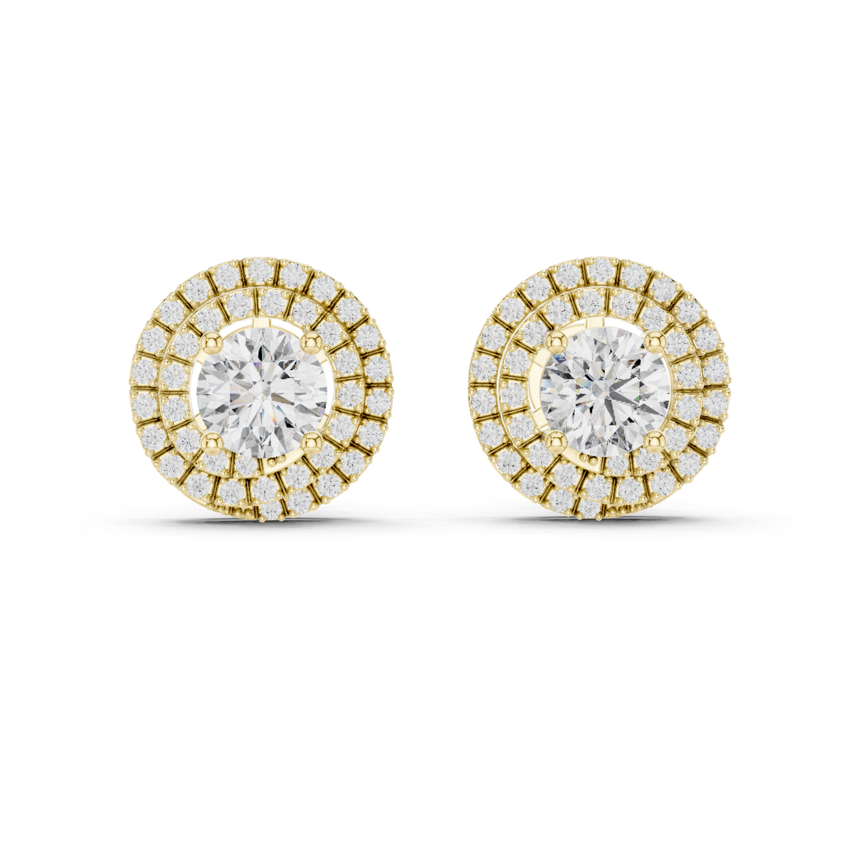 IGI Certified 3.42 CT Double Halo Lab Grown Diamond Stud Earrings, Yellow Gold