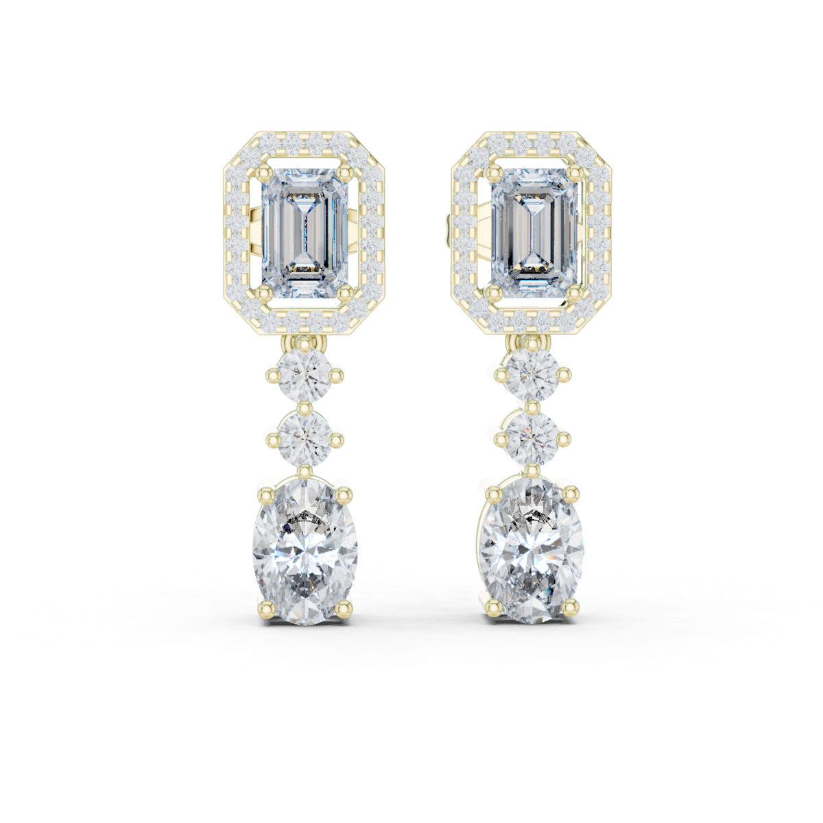 3.02 CT Emerald & Oval Lab Grown Diamond Halo Drop Earrings, Yellow Gold