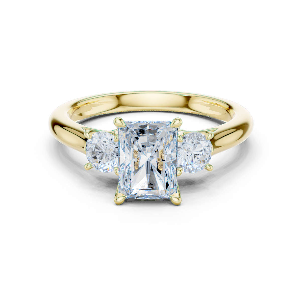 IGI Certified Radiant Cut 3 Stone Lab-Grown Diamond Proposal Ring, Yellow Gold