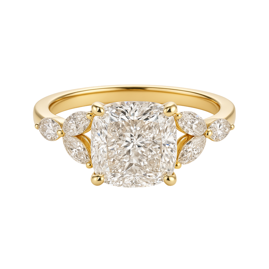 Gold ring with a large diamond and smaller diamonds on a white background
