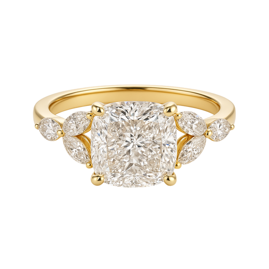 Gold ring with a large diamond and smaller diamonds on a white background