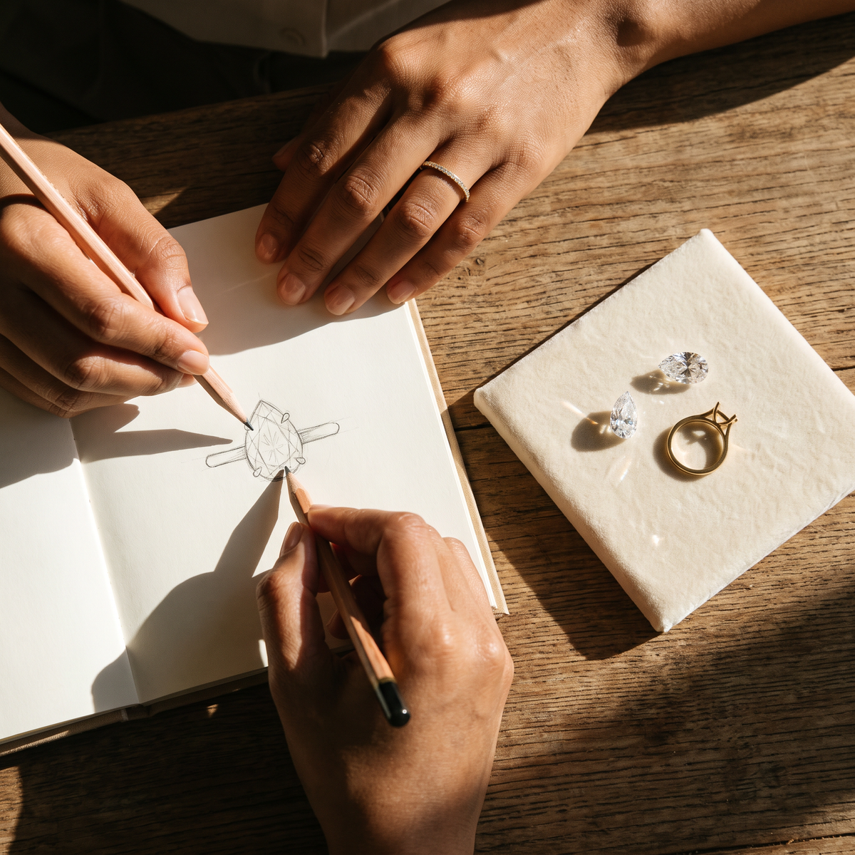 A ring sketch in a notebook beside loose diamonds and a bare mount