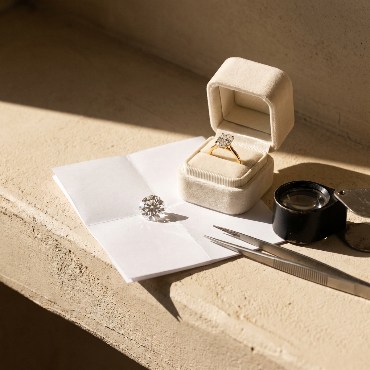 Diamond ring in its box with a loose stone, loupe and tweezers