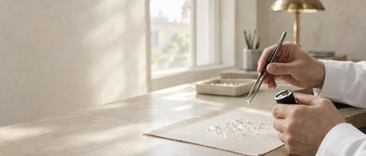 A Diamos gemmologist examining loose lab-grown diamonds with tweezers and a loupe by the atelier window