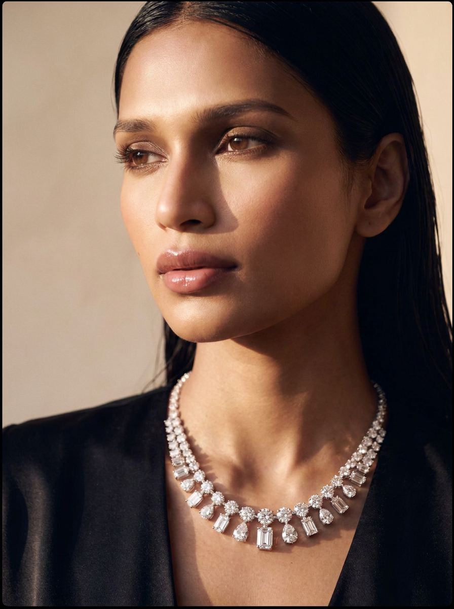 A diamond necklace worn with an off-shoulder silk dress