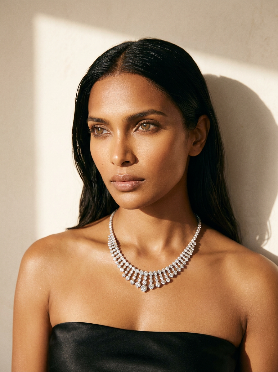 A diamond garland necklace worn with a velvet gown