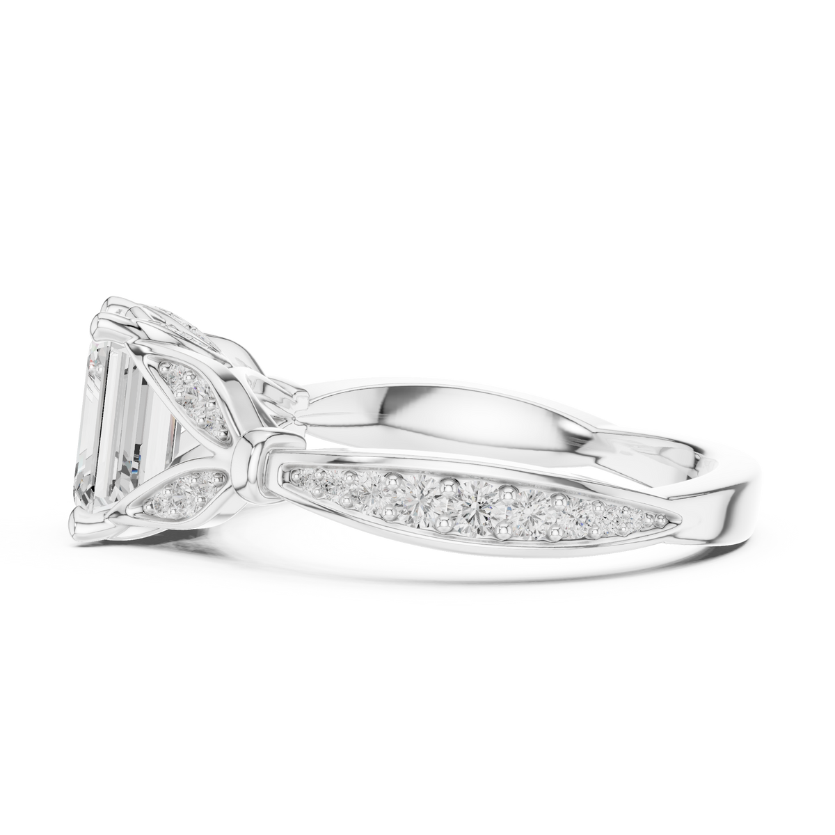 1.50 CT Emerald Cut Lab-Grown Diamond Leaf Twist Ring, White Gold