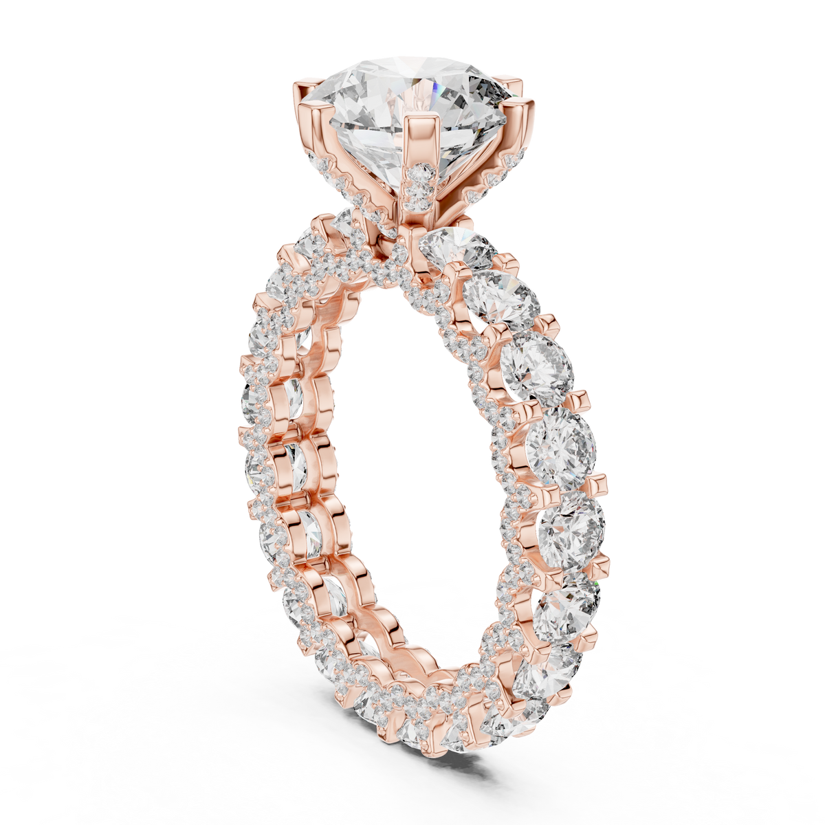 2 CT Round Cut Lab Grown Diamond Pavé Band Ring with Diamond-Set Shoulders, Rose Gold