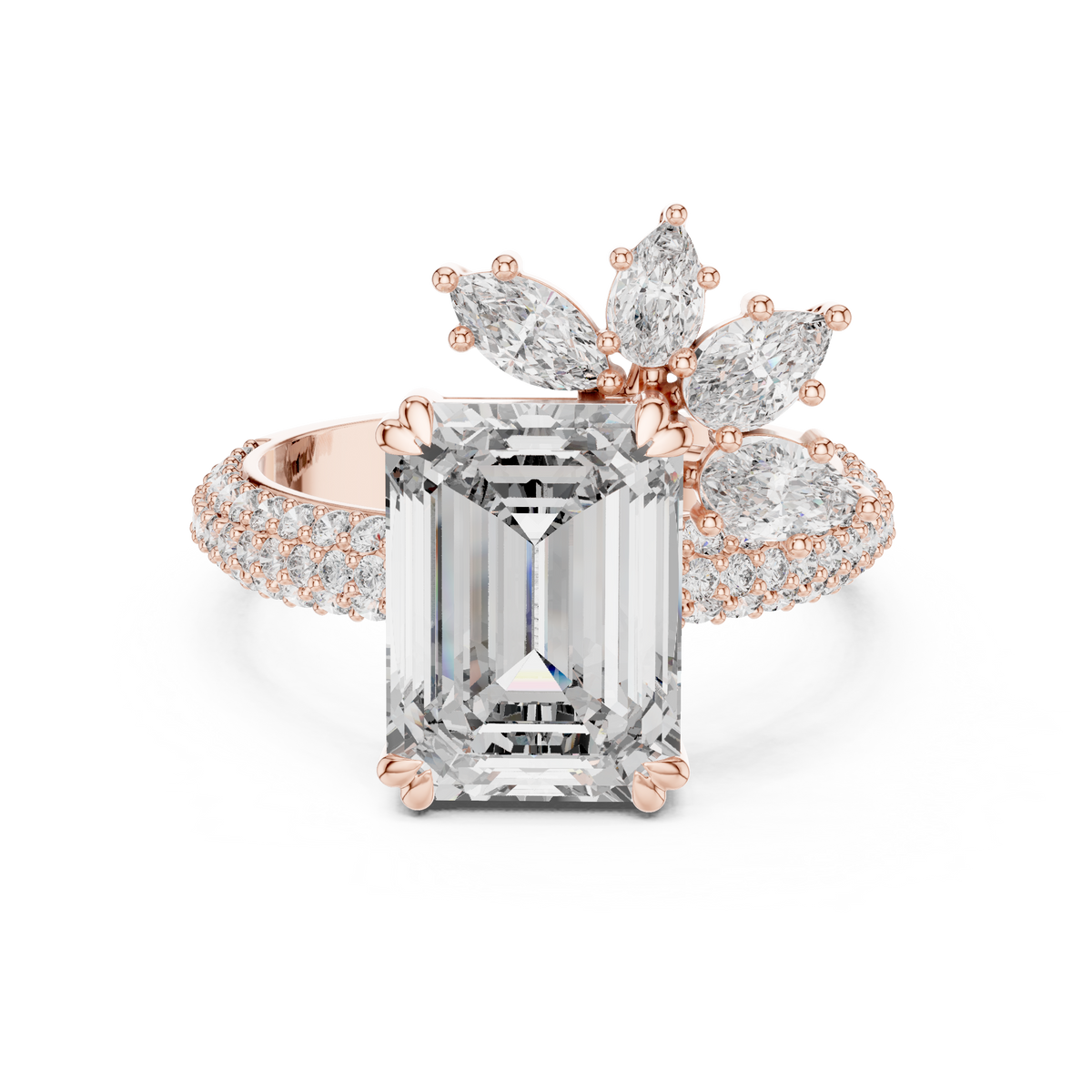 4 Carat Emerald Cut Lab Grown Diamond Ring with Floral Side Stones, Rose Gold