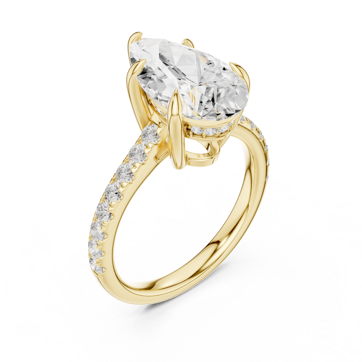 Pear Cut Lab-Grown Diamond Proposal Ring with Hidden Halo and Pavé Band, Yellow Gold
