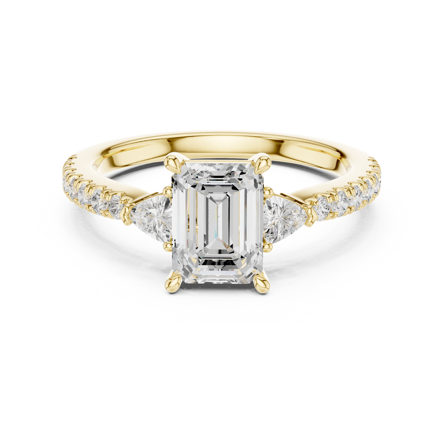 Emerald Cut Lab Grown Diamond Anniversary Ring with Trillion Side Stones, Yellow Gold